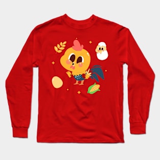 Rooster Hand Drawn Cartoon Long Sleeve T-Shirt